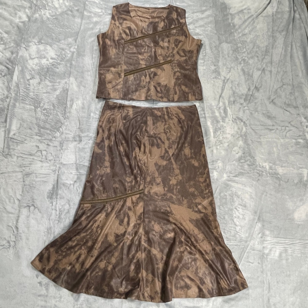 Mengqi Fashion Women's Brown Faux Leather Snake Print Zipper‎ Detail Skirt Set